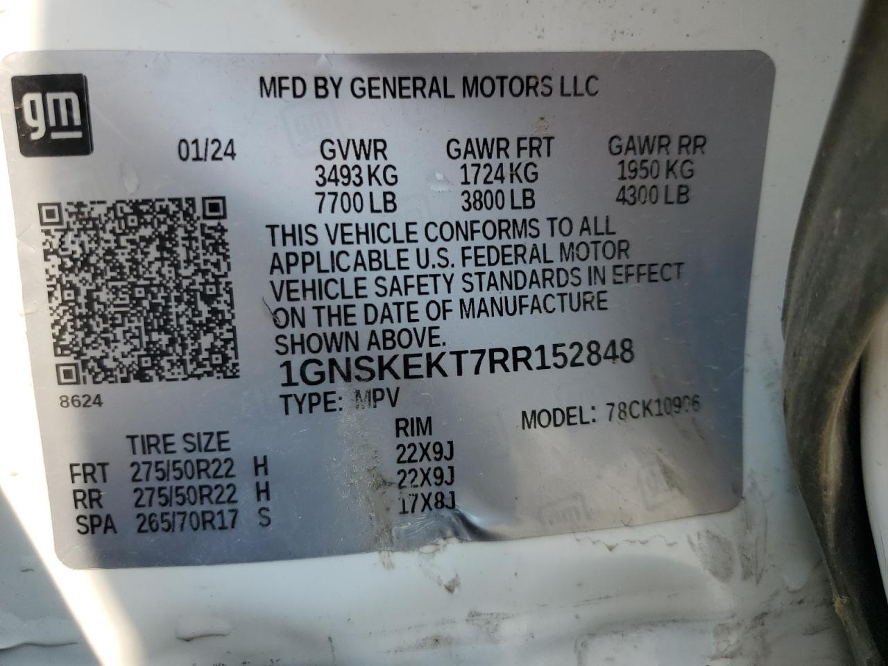 2024 Chevrolet Suburban K1500 Rst VIN: 1GNSKEKT7RR152848 Lot: 59993365