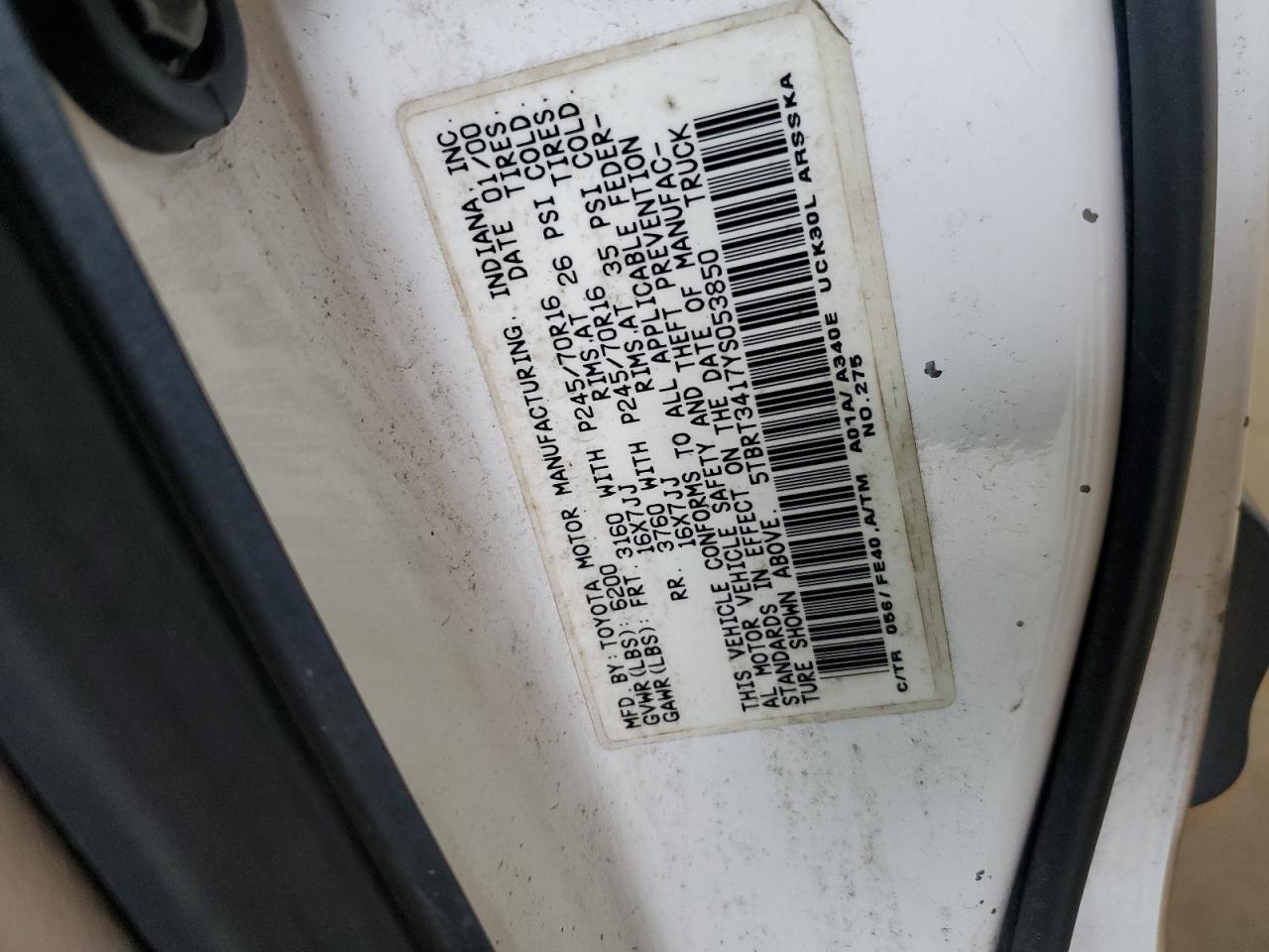 2000 Toyota Tundra Access Cab VIN: 5TBRT3417YS053850 Lot: 62323845