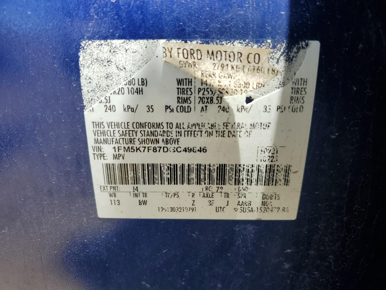 2013 Ford Explorer Limited VIN: 1FM5K7F87DGC49846 Lot: 59995925