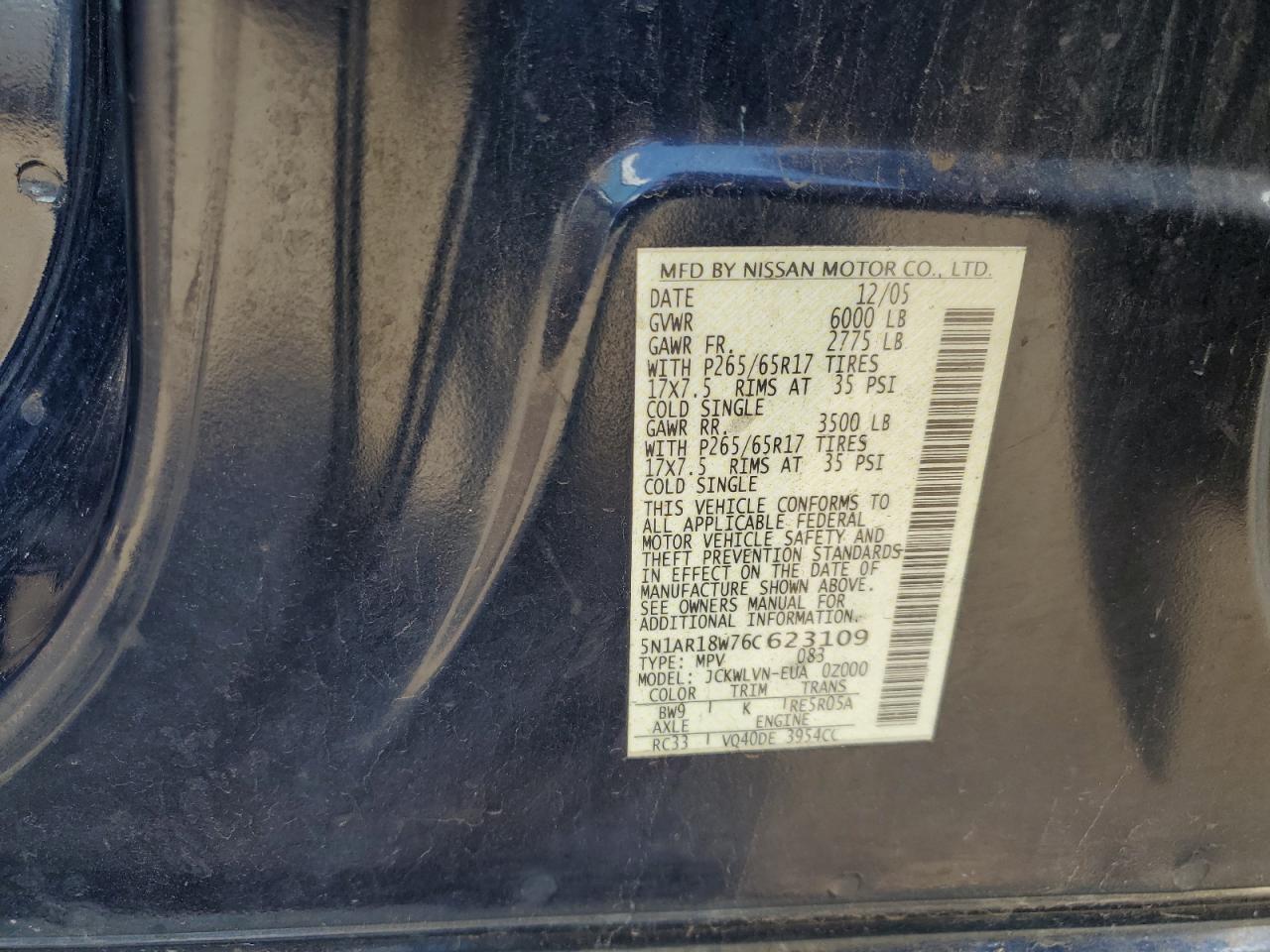 2006 Nissan Pathfinder Le VIN: 5N1AR18W76C623109 Lot: 61998355