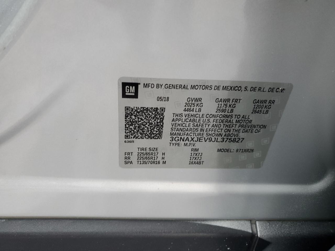 2018 Chevrolet Equinox Lt VIN: 3GNAXJEV9JL375827 Lot: 62064435