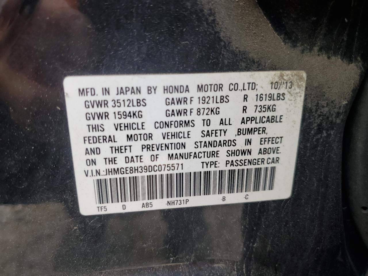 2013 Honda Fit VIN: JHMGE8H39DC075571 Lot: 58898605