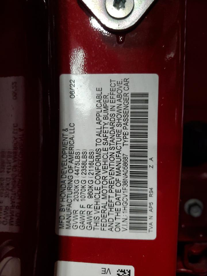 2022 Honda Accord Sport VIN: 1HGCV1F38NA058687 Lot: 60988445