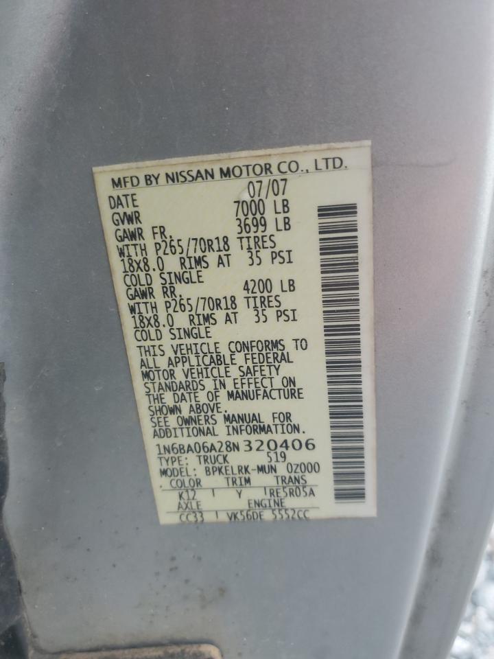 2008 Nissan Titan Xe VIN: 1N6BA06A28N320406 Lot: 62499205