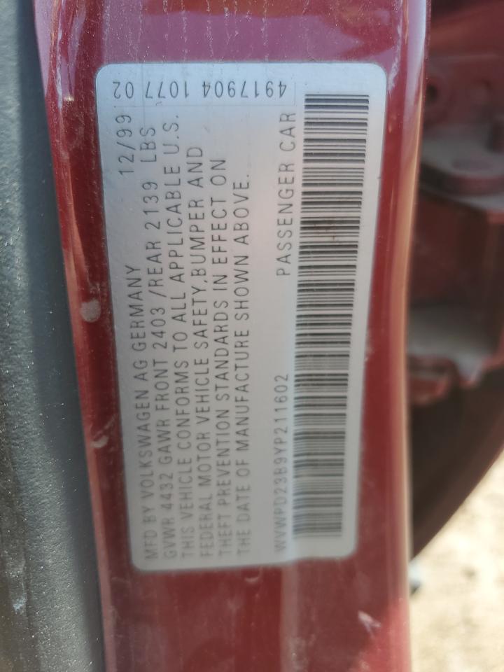2000 Volkswagen Passat Glx VIN: WVWPD23B9YP211602 Lot: 61509955
