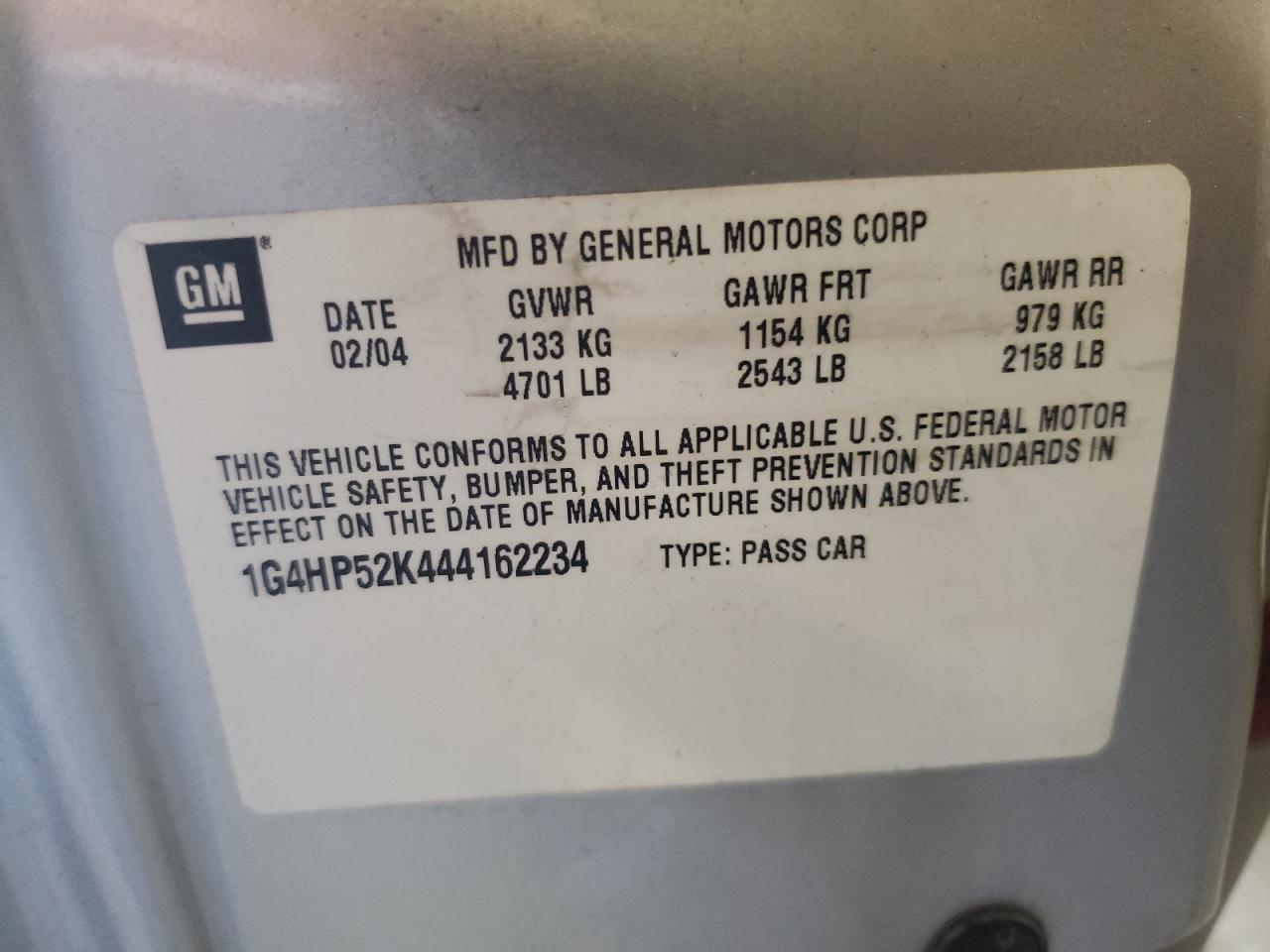 2004 Buick Lesabre Custom VIN: 1G4HP52K444162234 Lot: 63087005
