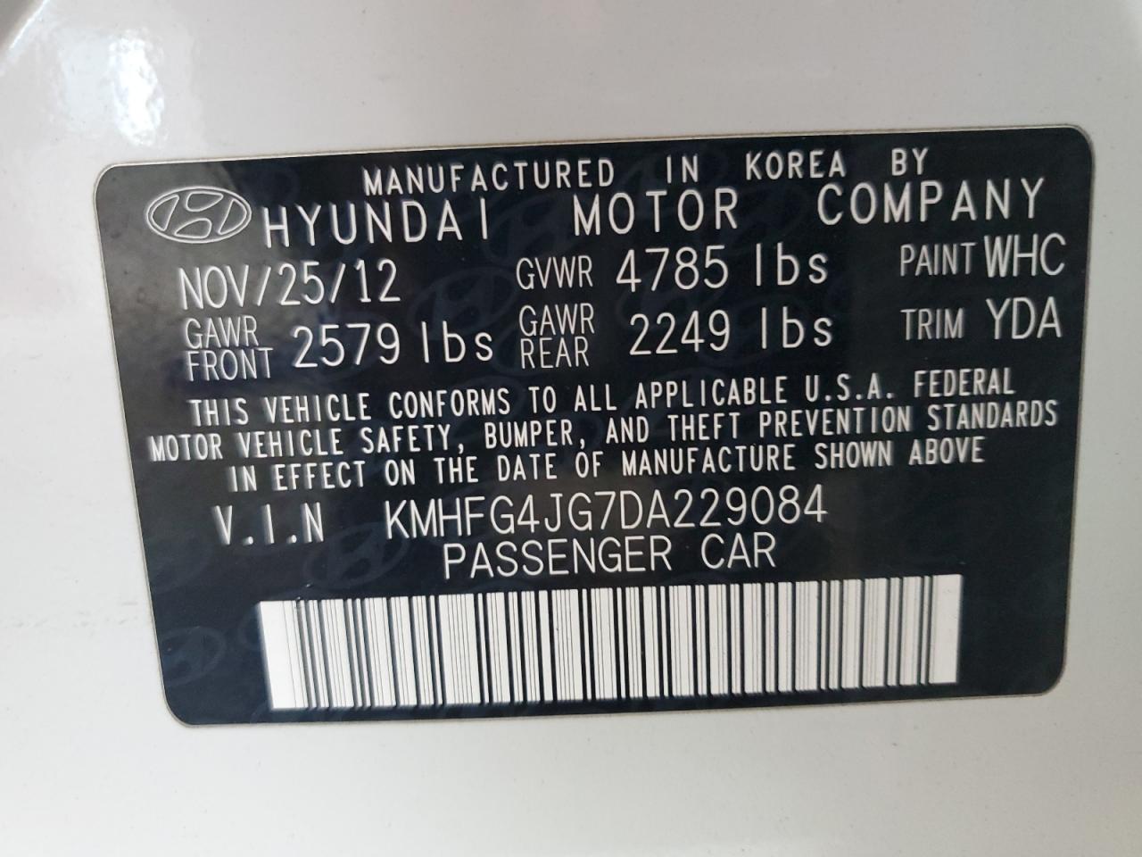 2013 Hyundai Azera VIN: KMHFG4JG7DA229084 Lot: 62580265