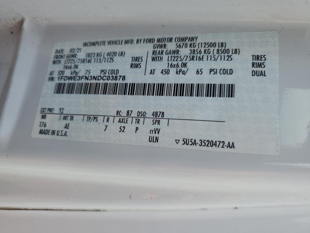 2022 Ford Econoline E350 Super Duty Cutaway Van VIN: 1FDWE3FN3NDC03878 Lot: 61488135
