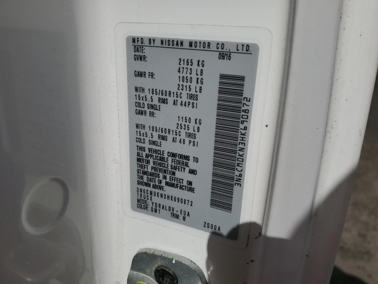 2017 Nissan Nv200 2.5S VIN: 3N6CM0KN3HK690872 Lot: 61786945