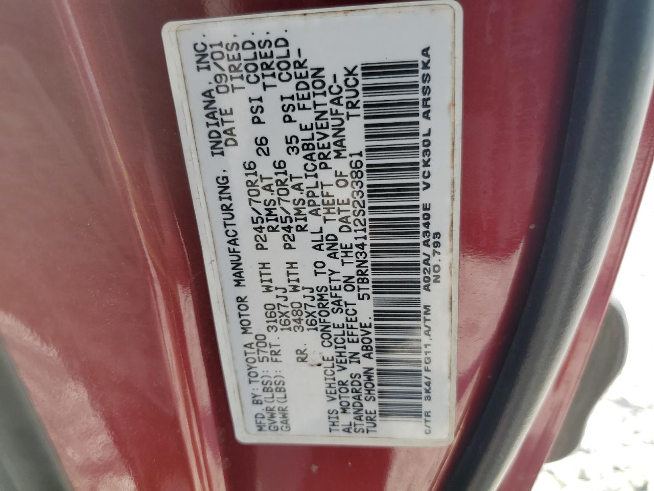 2002 Toyota Tundra Access Cab Sr5 VIN: 5TBRN34112S233861 Lot: 62477665