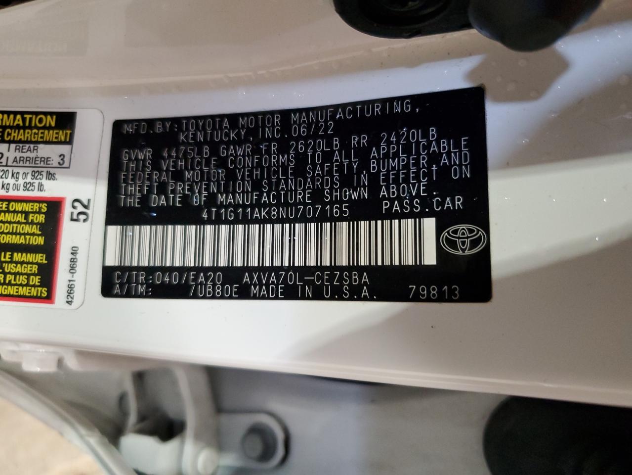 2022 Toyota Camry Se VIN: 4T1G11AK8NU707165 Lot: 61365575