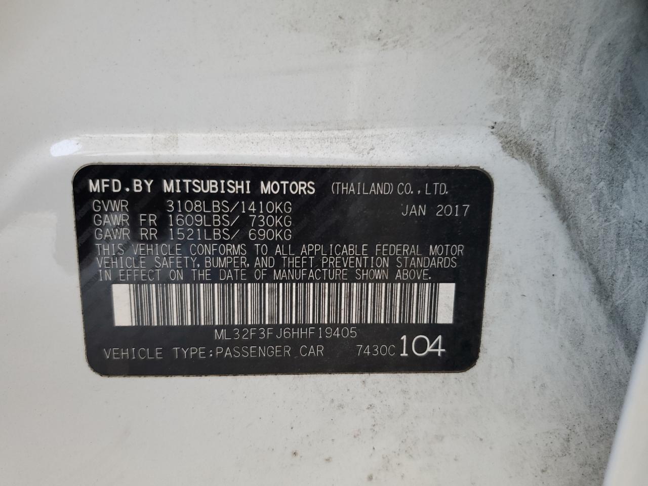 2017 Mitsubishi Mirage G4 Es VIN: ML32F3FJ6HHF19405 Lot: 61765045