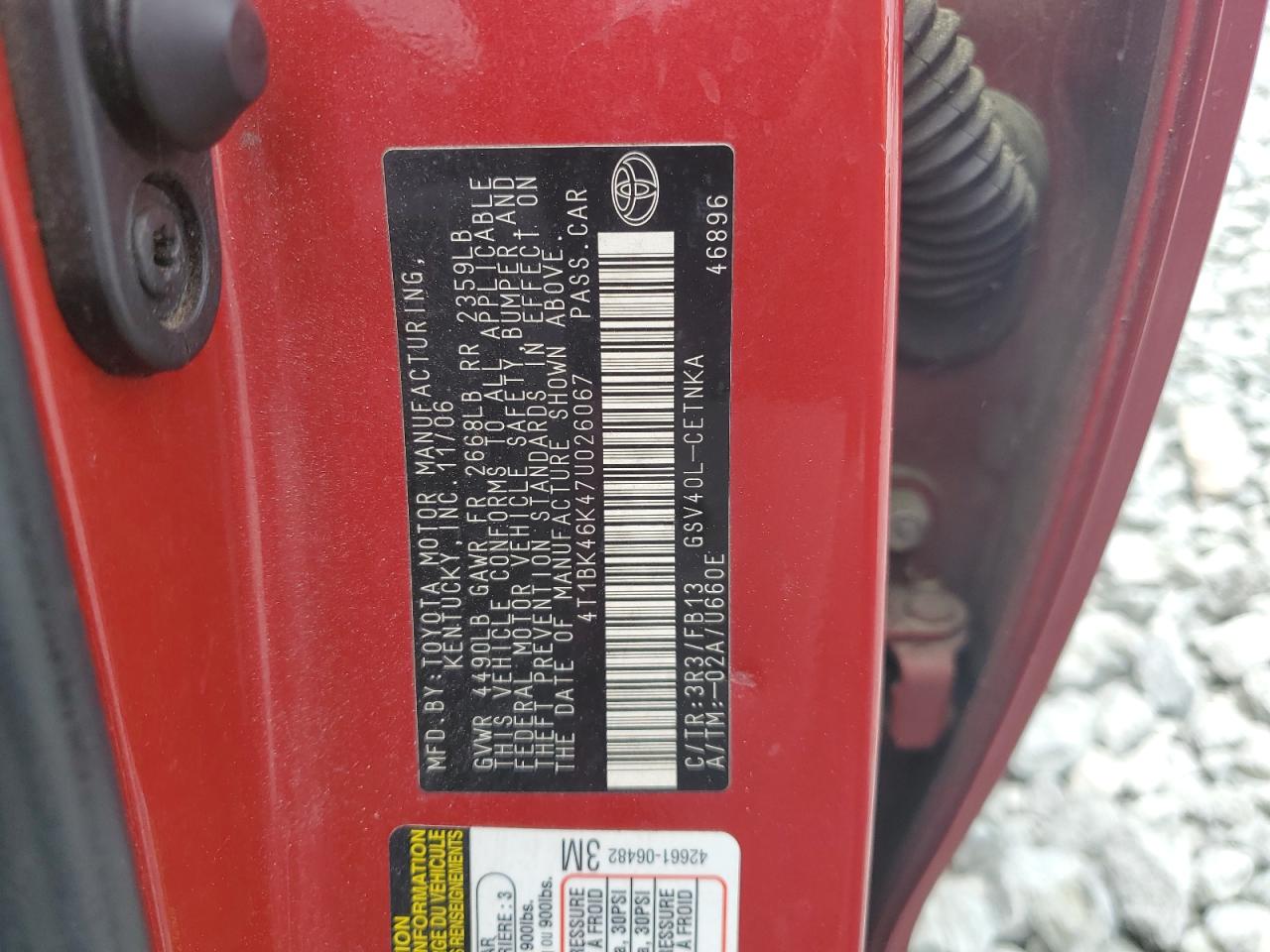 2007 Toyota Camry Le VIN: 4T1BK46K47U026067 Lot: 59307295