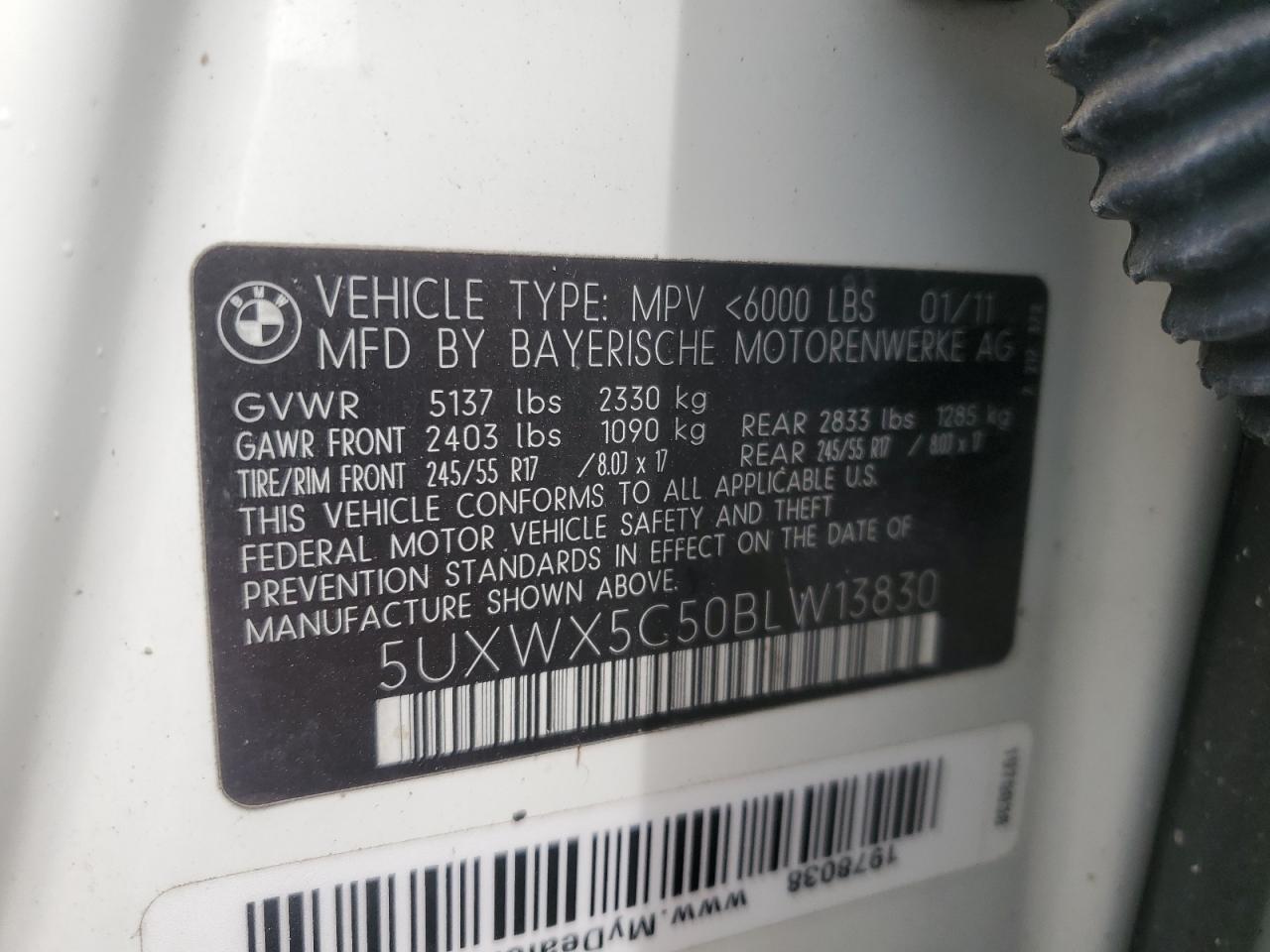 2011 BMW X3 xDrive28I VIN: 5UXWX5C50BLW13830 Lot: 62750705