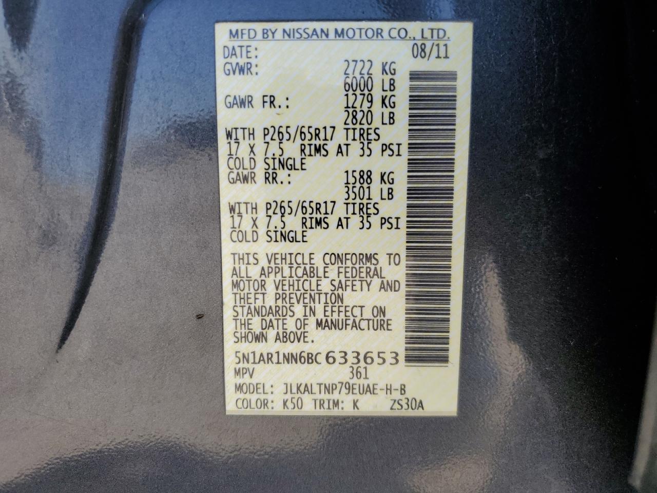 2011 Nissan Pathfinder S VIN: 5N1AR1NN6BC633653 Lot: 62021675