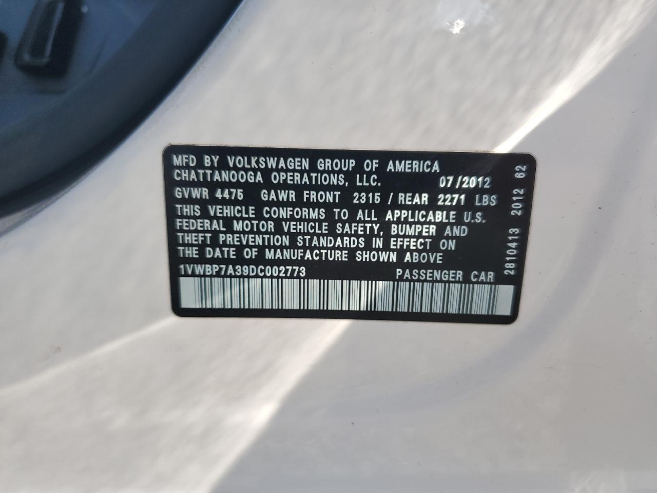 2013 Volkswagen Passat Se VIN: 1VWBP7A39DC002773 Lot: 61407945