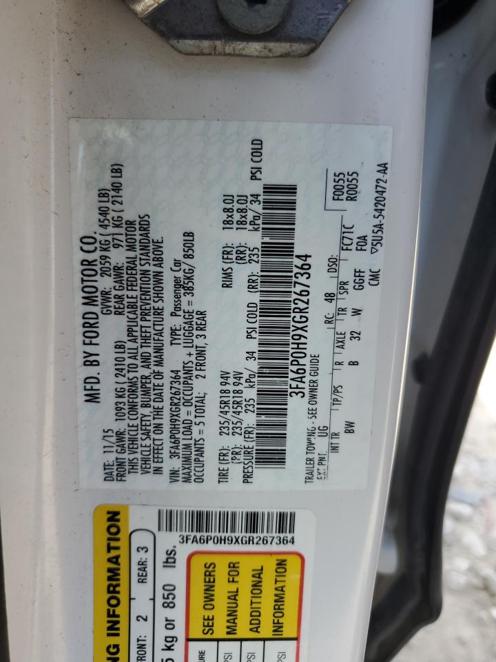 2016 Ford Fusion Se VIN: 3FA6P0H9XGR267364 Lot: 60990565