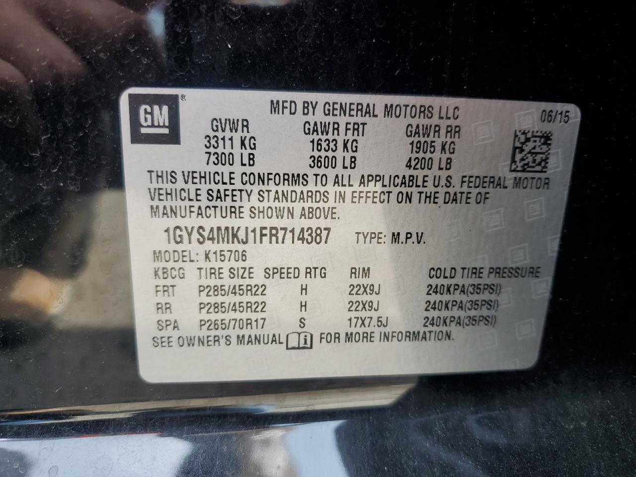2015 Cadillac Escalade Luxury VIN: 1GYS4MKJ1FR714387 Lot: 62785135