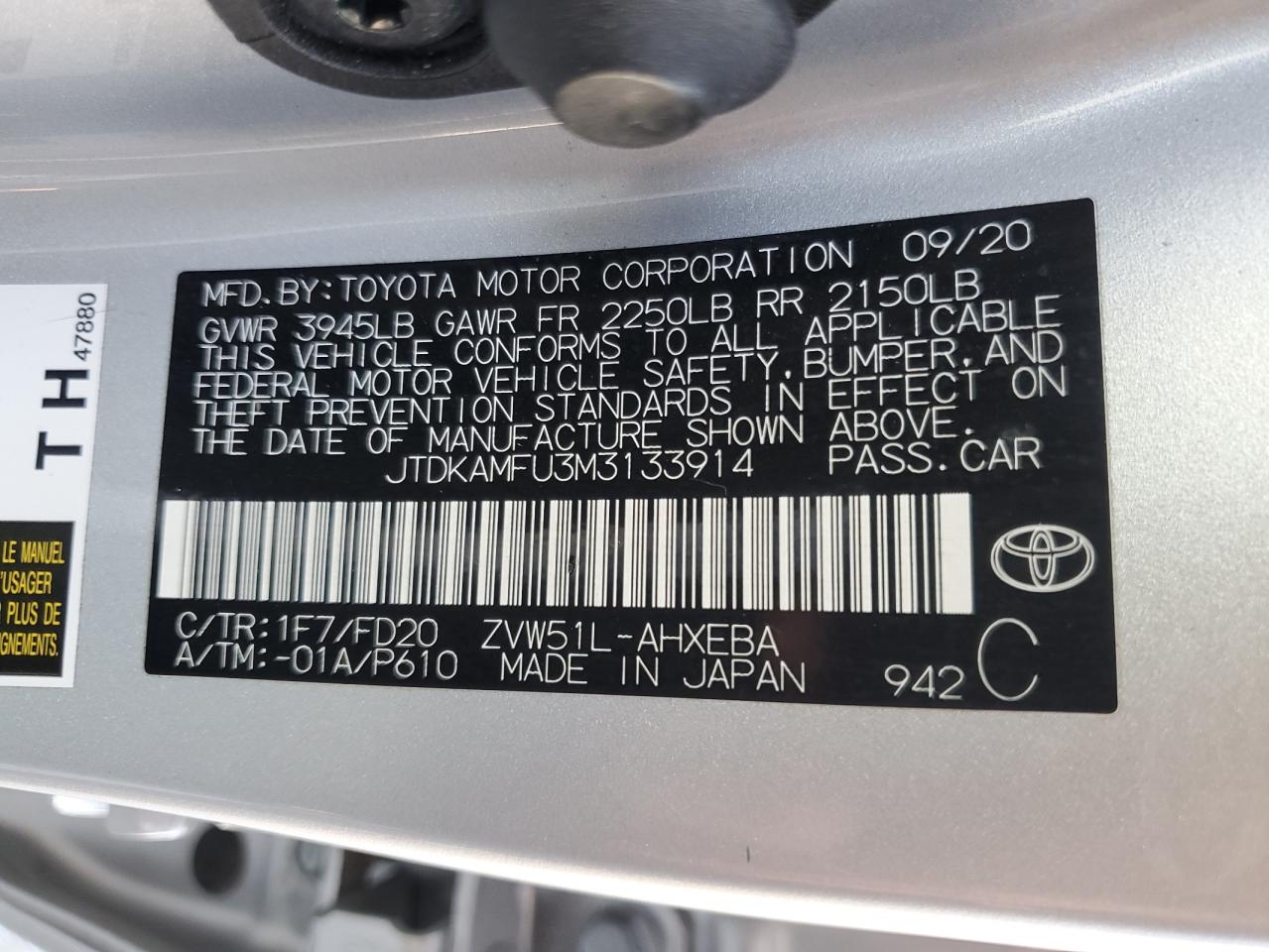 JTDKAMFU3M3133914 TOYOTA PRIUS 2021