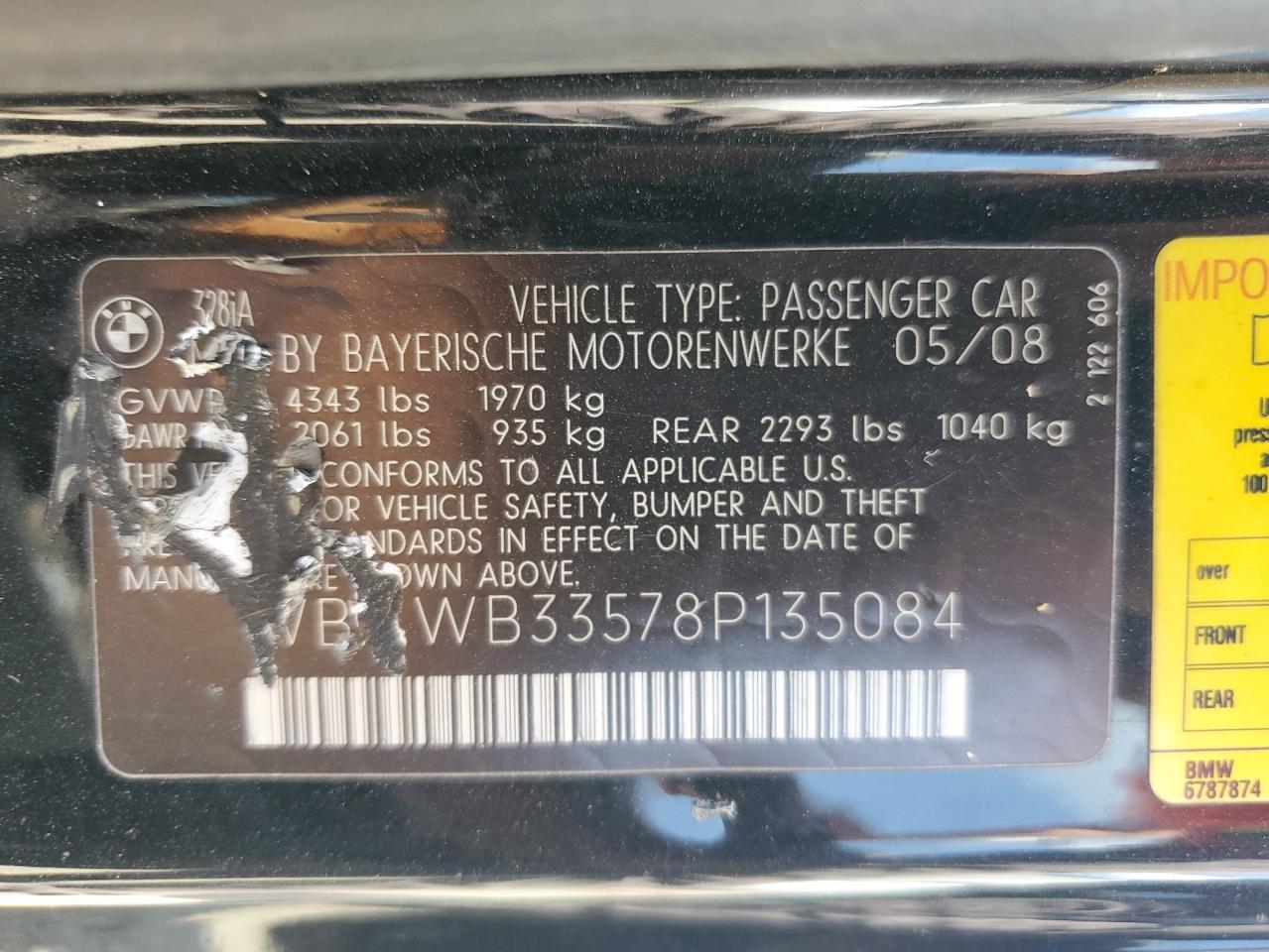 2008 BMW 328 I VIN: WBAWB33578P135084 Lot: 61786525