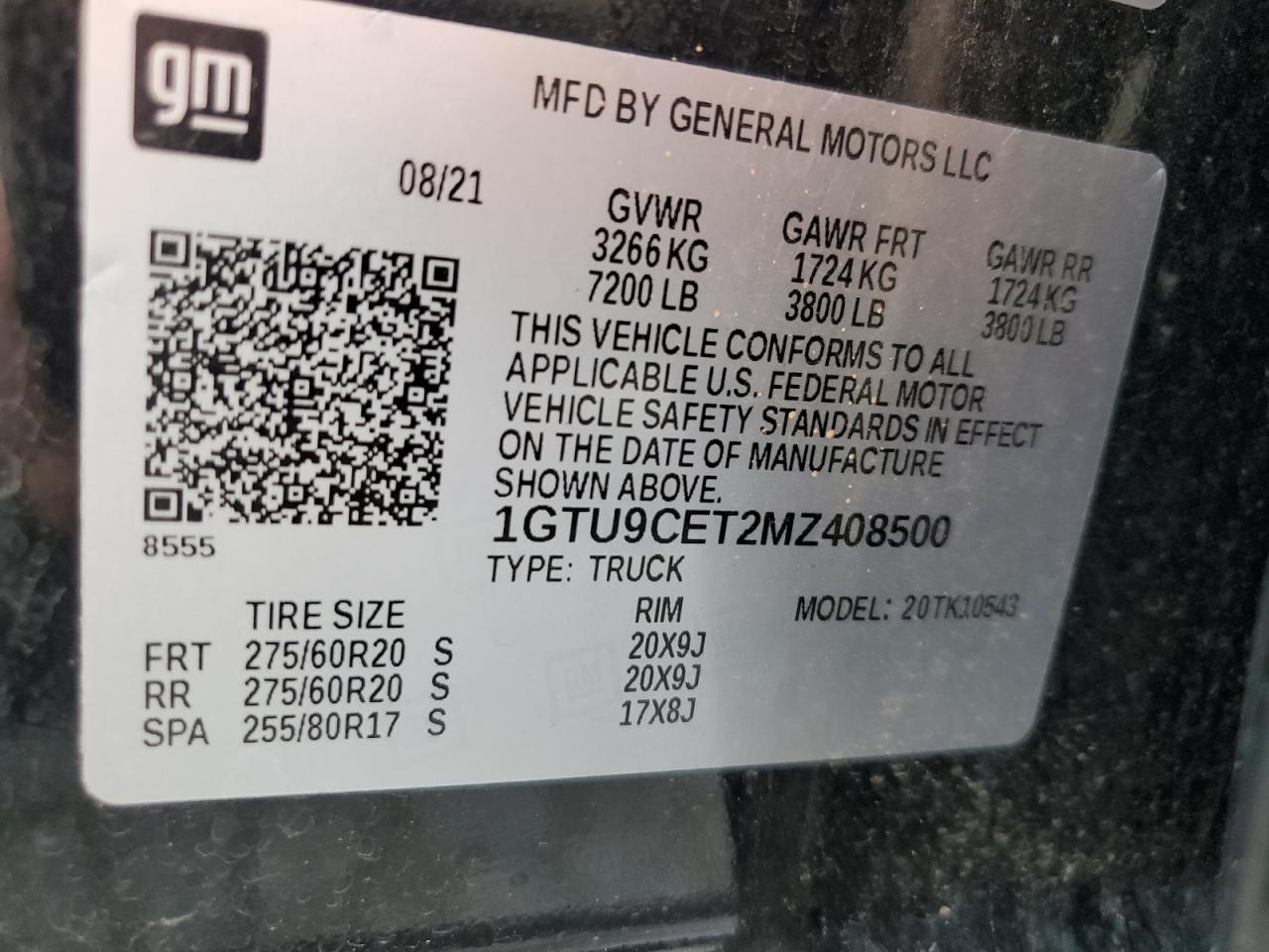 2021 GMC Sierra K1500 Elevation VIN: 1GTU9CET2MZ408500 Lot: 60606485