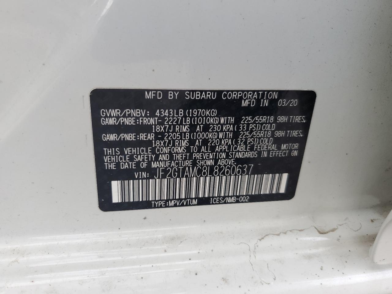 2020 Subaru Crosstrek Limited VIN: JF2GTAMC8L8260637 Lot: 62853015