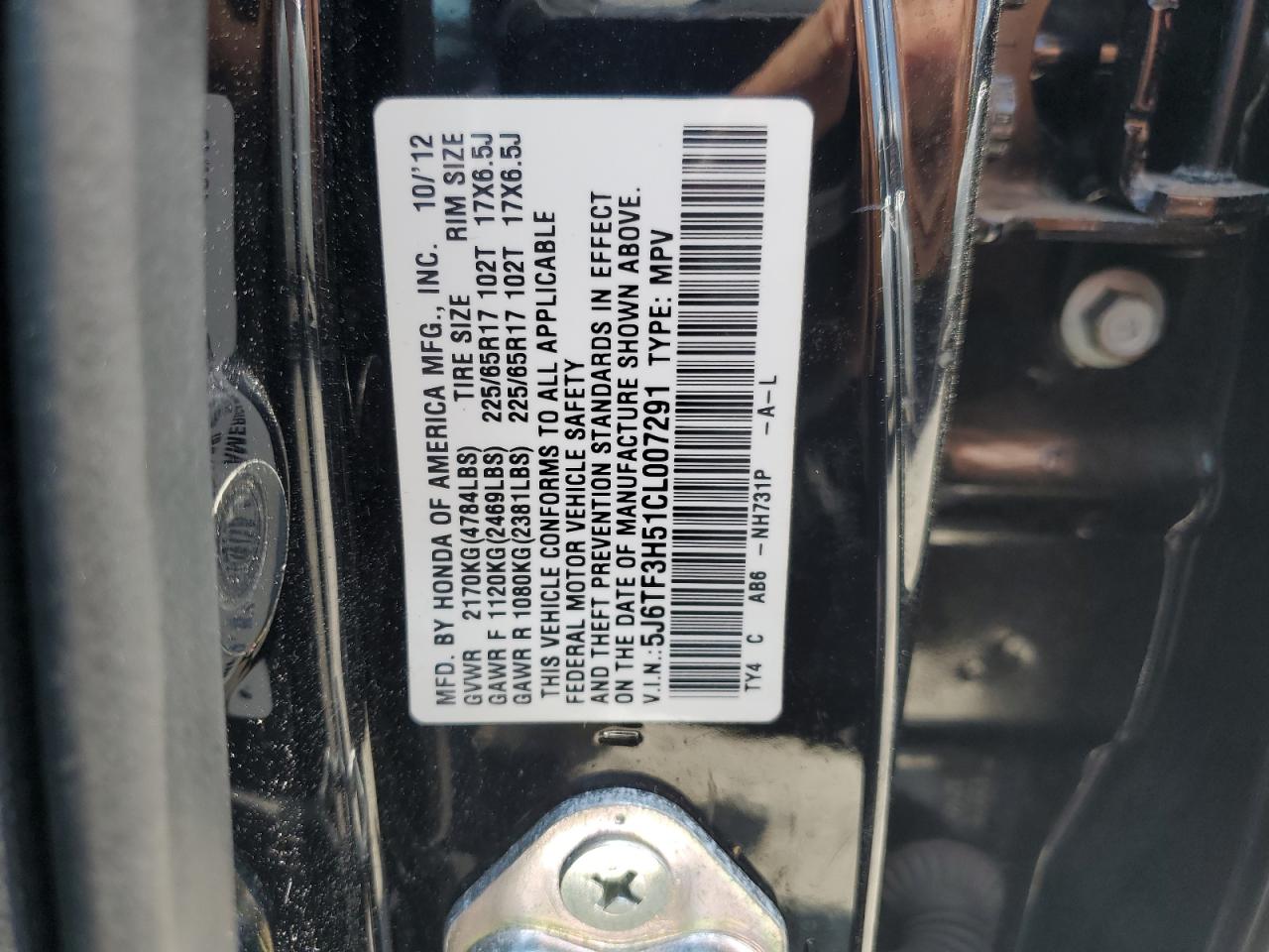 2012 Honda Crosstour Exl VIN: 5J6TF3H51CL007291 Lot: 62374635