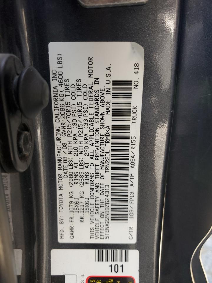 2009 Toyota Tacoma VIN: 5TENX22N19Z624313 Lot: 61928075