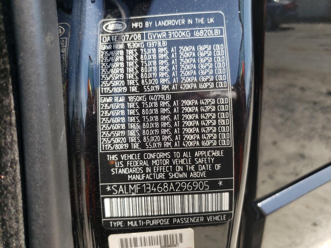 2008 Land Rover Range Rover Supercharged VIN: SALMF13468A296905 Lot: 62206605