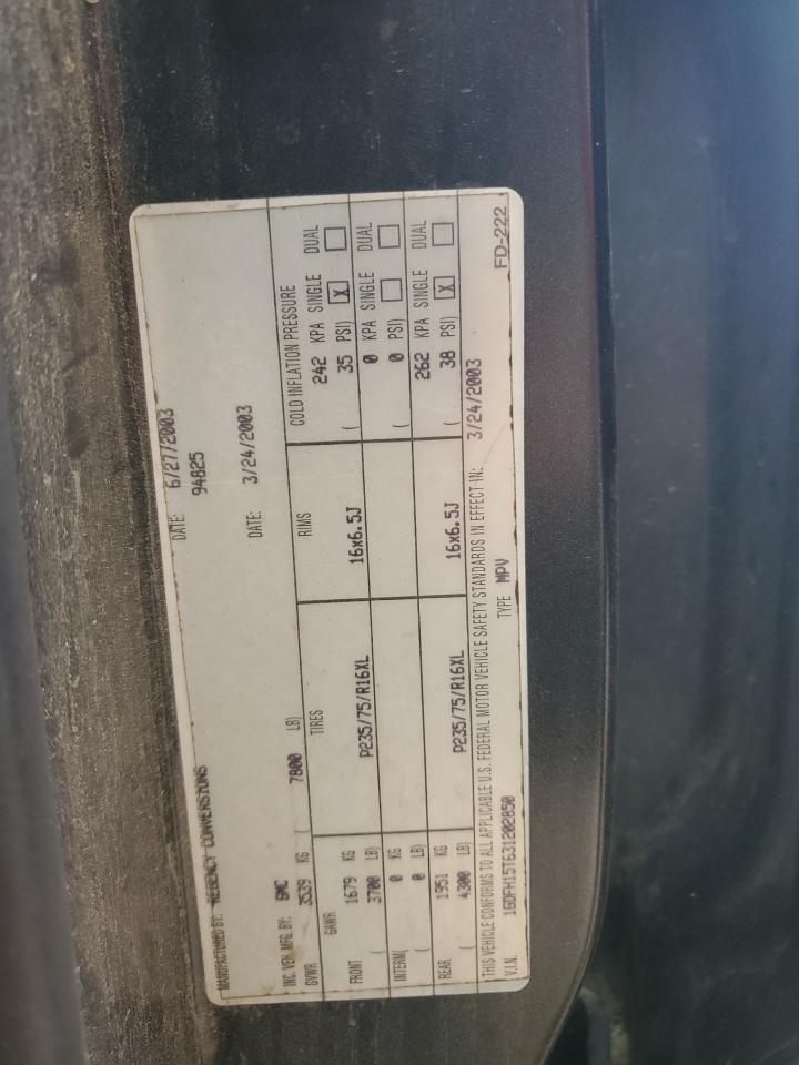 2003 GMC Savana Rv G1500 VIN: 1GDFH15T631202850 Lot: 60617595