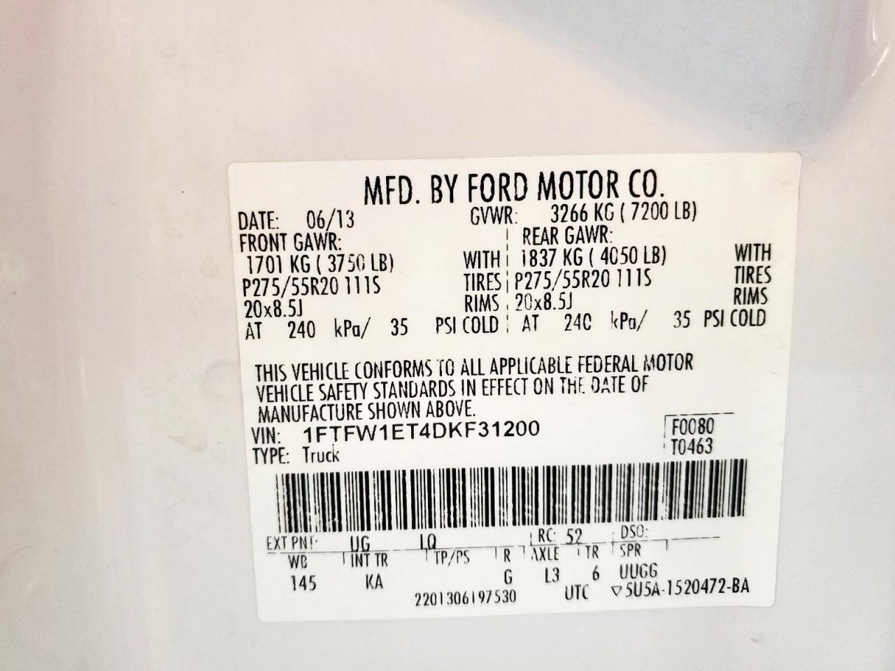 2013 Ford F150 Supercrew VIN: 1FTFW1ET4DKF31200 Lot: 62482775