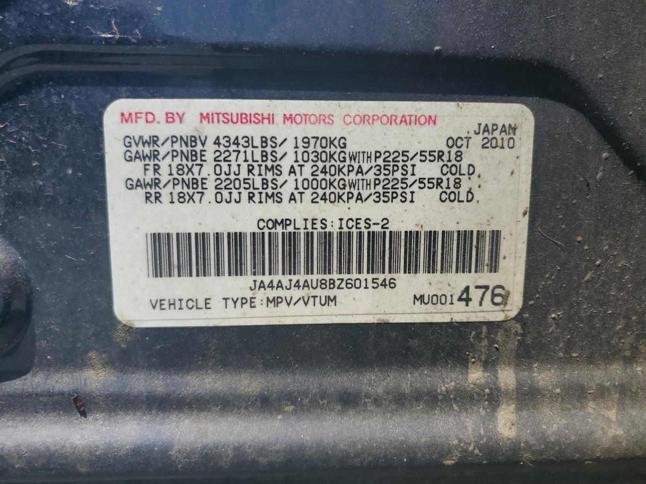 2011 Mitsubishi Rvr Gt VIN: JA4AJ4AU8BZ601546 Lot: 62329335