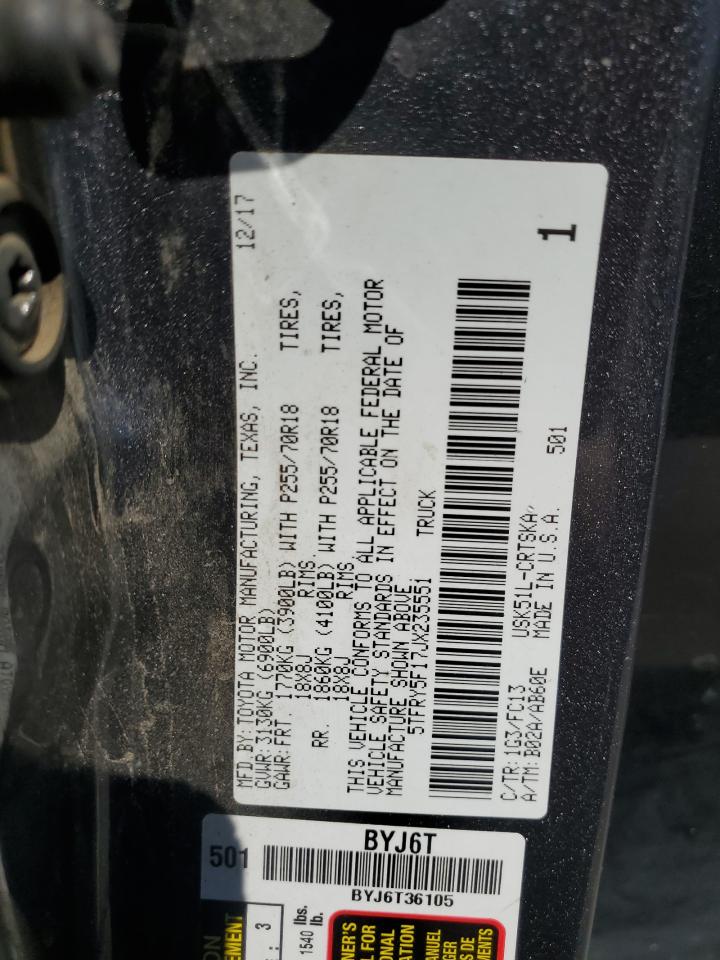 2018 Toyota Tundra Double Cab Sr VIN: 5TFRY5F17JX235551 Lot: 62708565