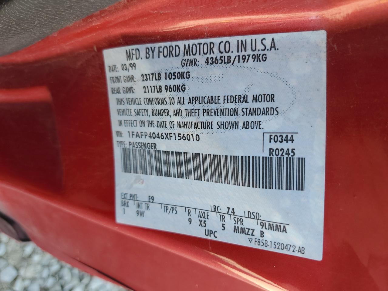 1999 Ford Mustang VIN: 1FAFP4046XF156010 Lot: 62133125