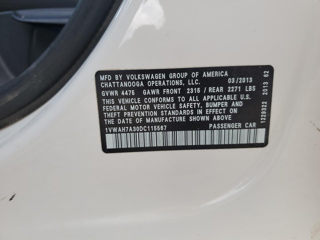2013 Volkswagen Passat S VIN: 1VWAH7A30DC115567 Lot: 62152675