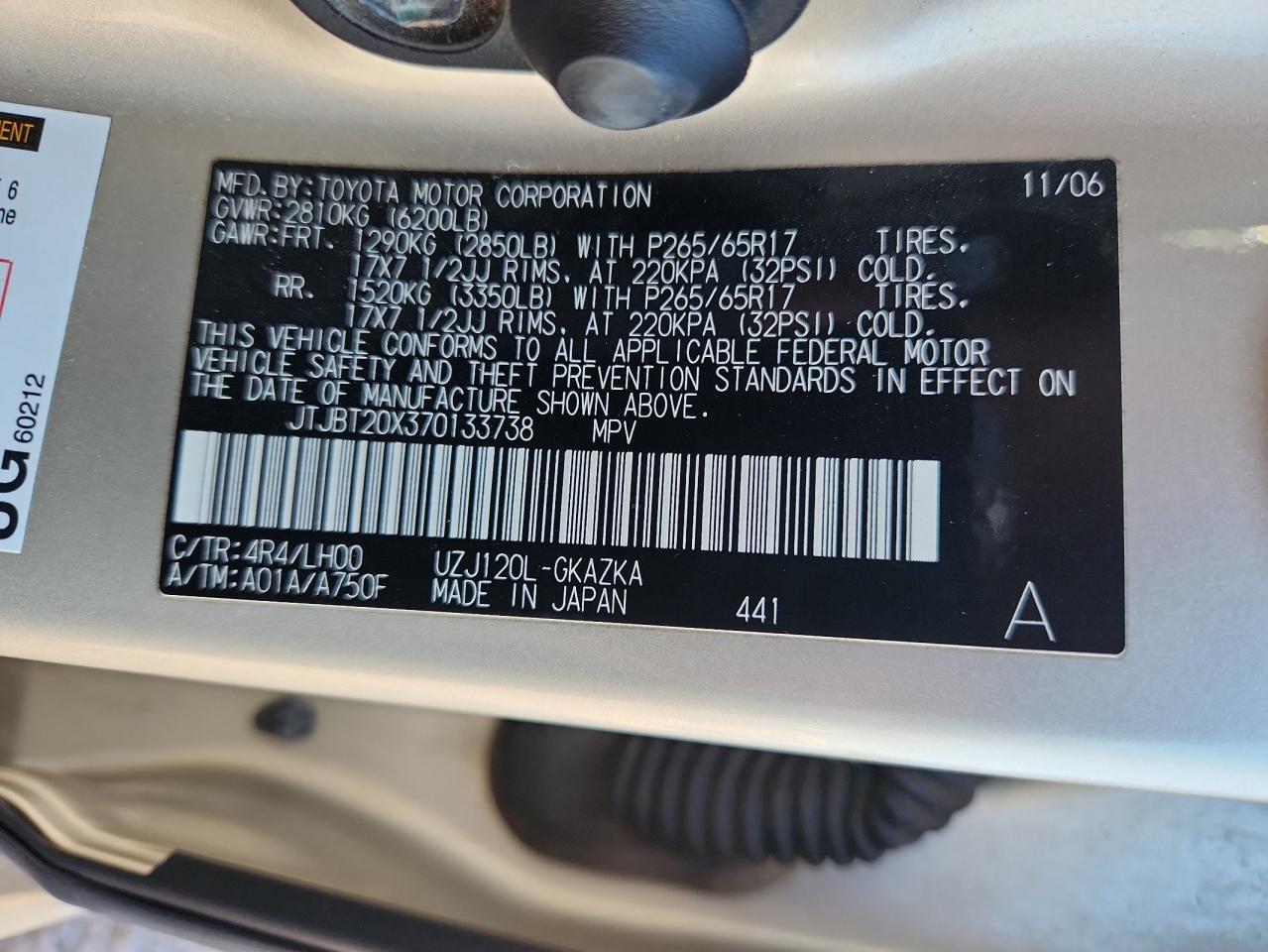 2007 Lexus Gx 470 VIN: JTJBT20X370133738 Lot: 61270525
