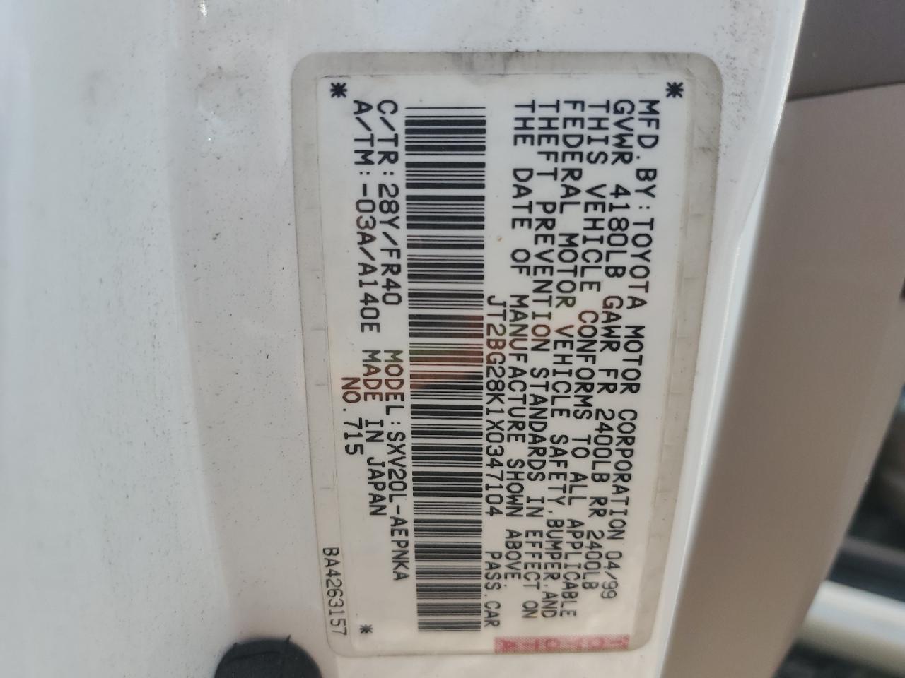 1999 Toyota Camry Le VIN: JT2BG28K1X0347104 Lot: 61953495