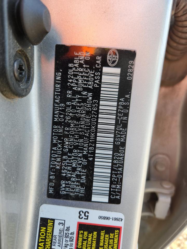 2019 Toyota Camry Xse VIN: 4T1BZ1HK0KU027653 Lot: 62928385