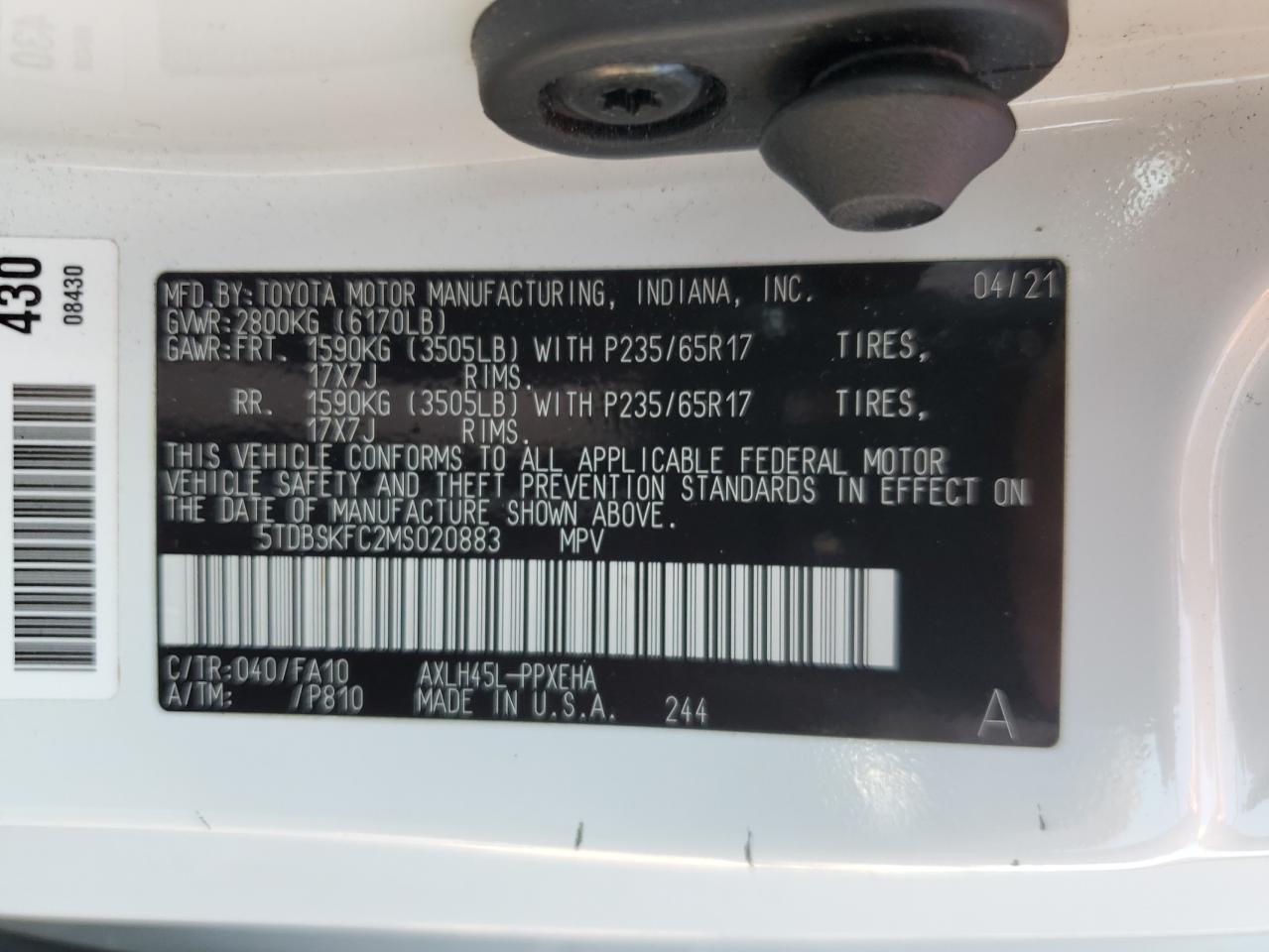 2021 Toyota Sienna Le VIN: 5TDBSKFC2MS020883 Lot: 59347355