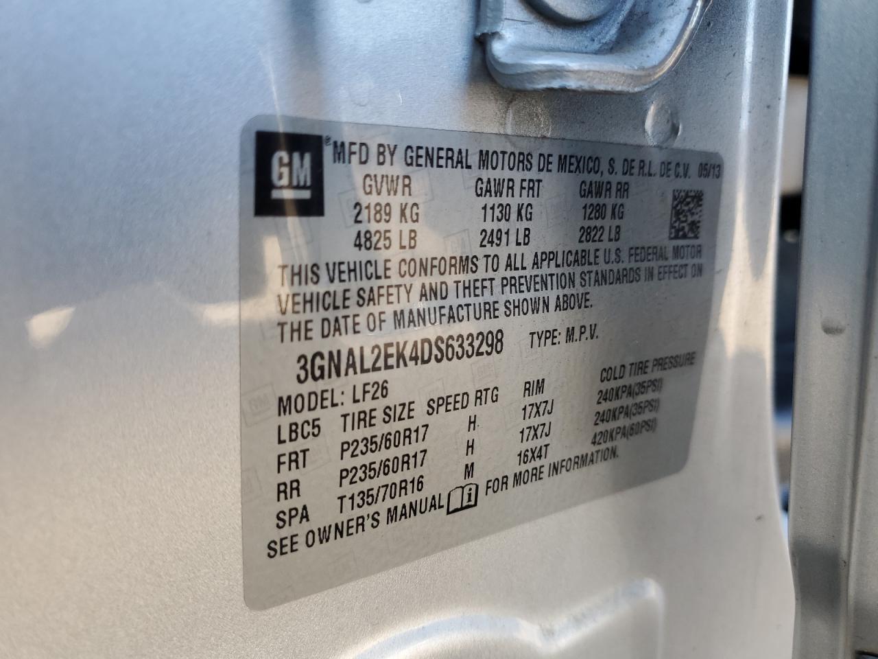 2013 Chevrolet Captiva Ls VIN: 3GNAL2EK4DS633298 Lot: 61860675