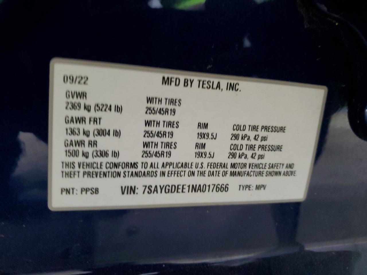 2022 Tesla Model Y VIN: 7SAYGDEE1NA017666 Lot: 62576105
