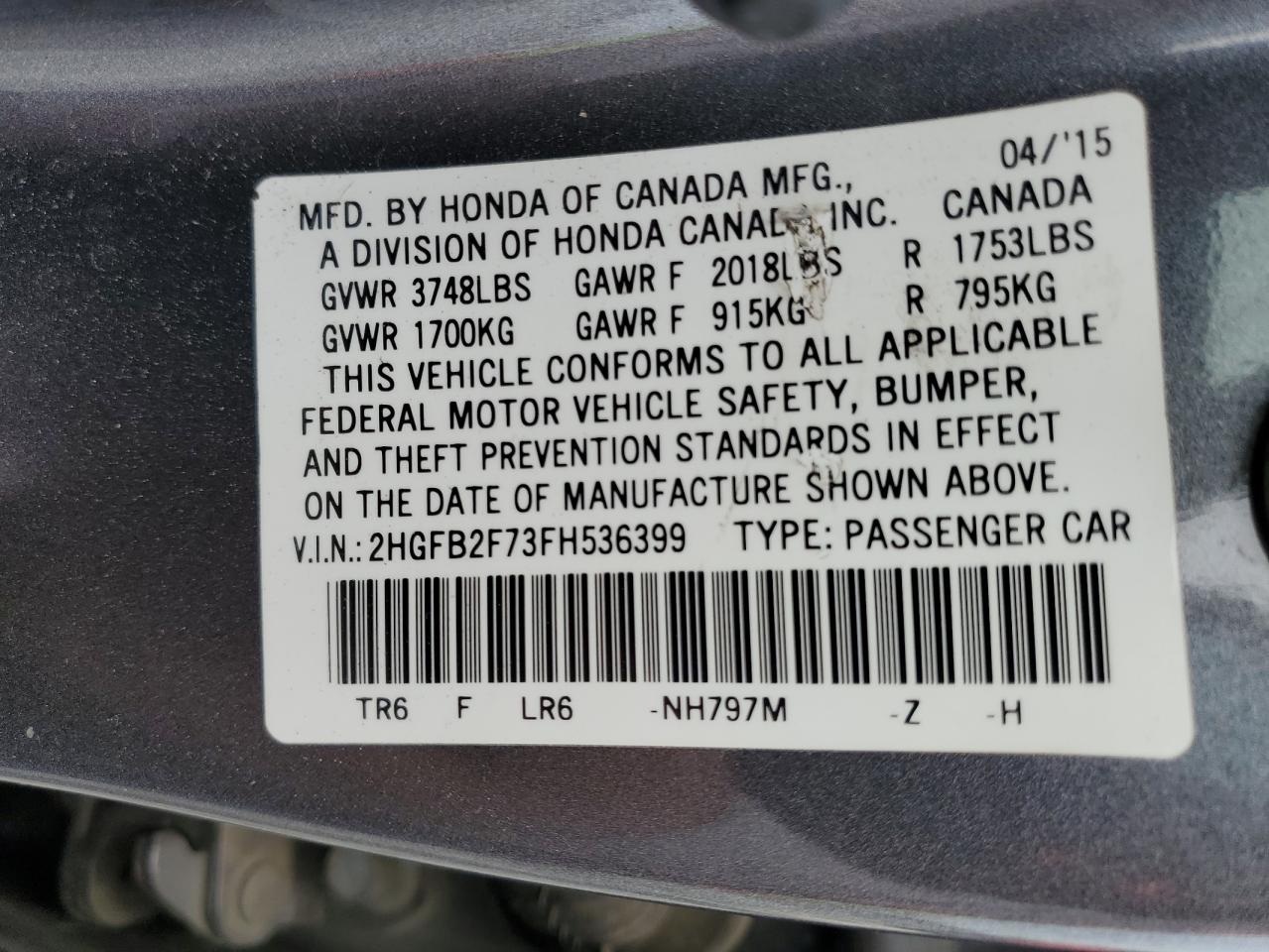 2015 Honda Civic Se VIN: 2HGFB2F73FH536399 Lot: 59388495