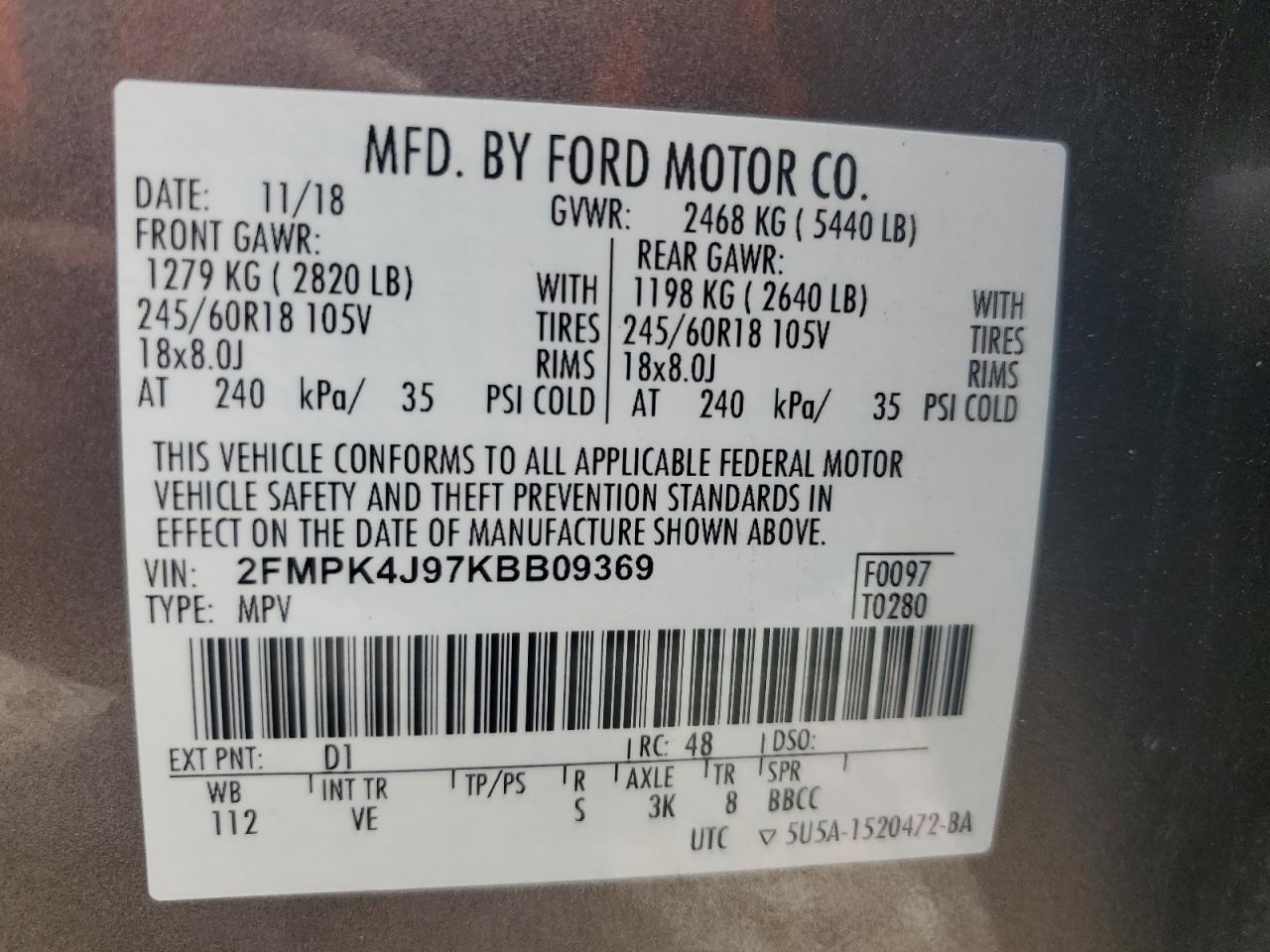 2019 Ford Edge Sel VIN: 2FMPK4J97KBB09369 Lot: 61078095