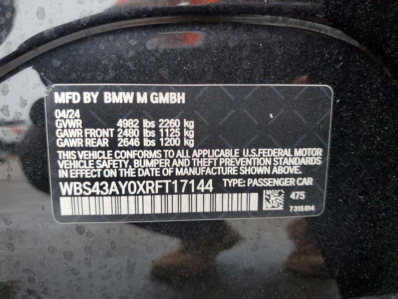 2024 BMW M3 Competition VIN: WBS43AY0XRFT17144 Lot: 60822865