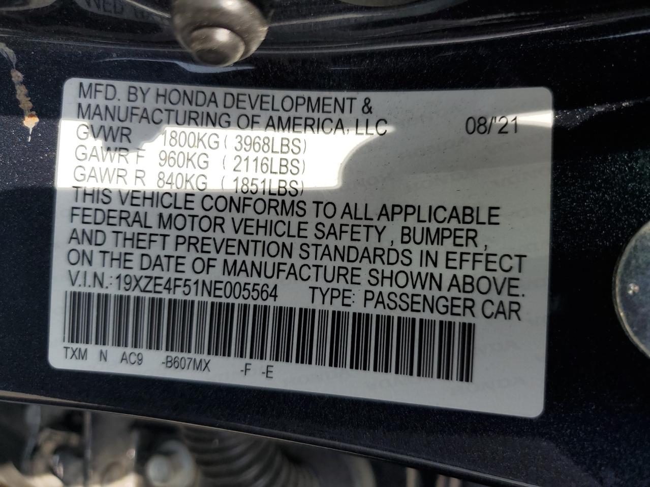 2022 Honda Insight Ex VIN: 19XZE4F51NE005564 Lot: 59816595