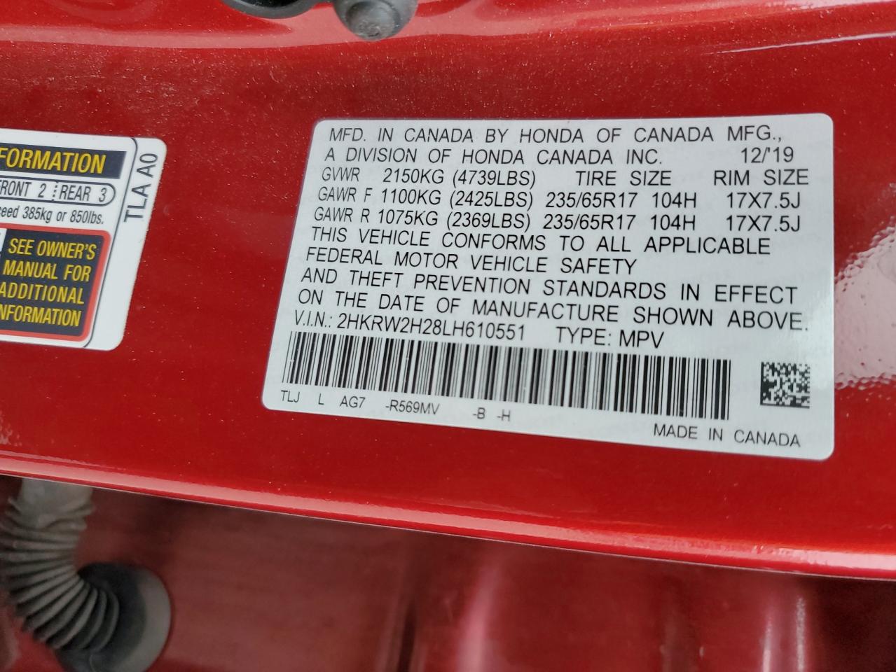2HKRW2H28LH610551 HONDA CRV 2020