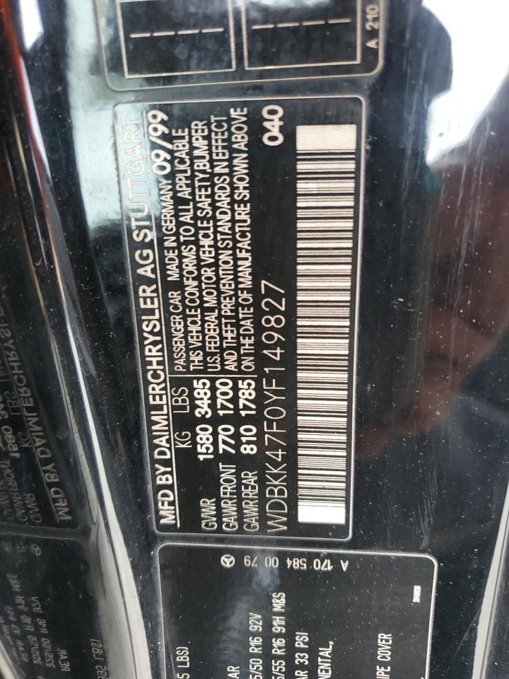 2000 Mercedes-Benz Slk 230 Kompressor VIN: WDBKK47F0YF149827 Lot: 62524515