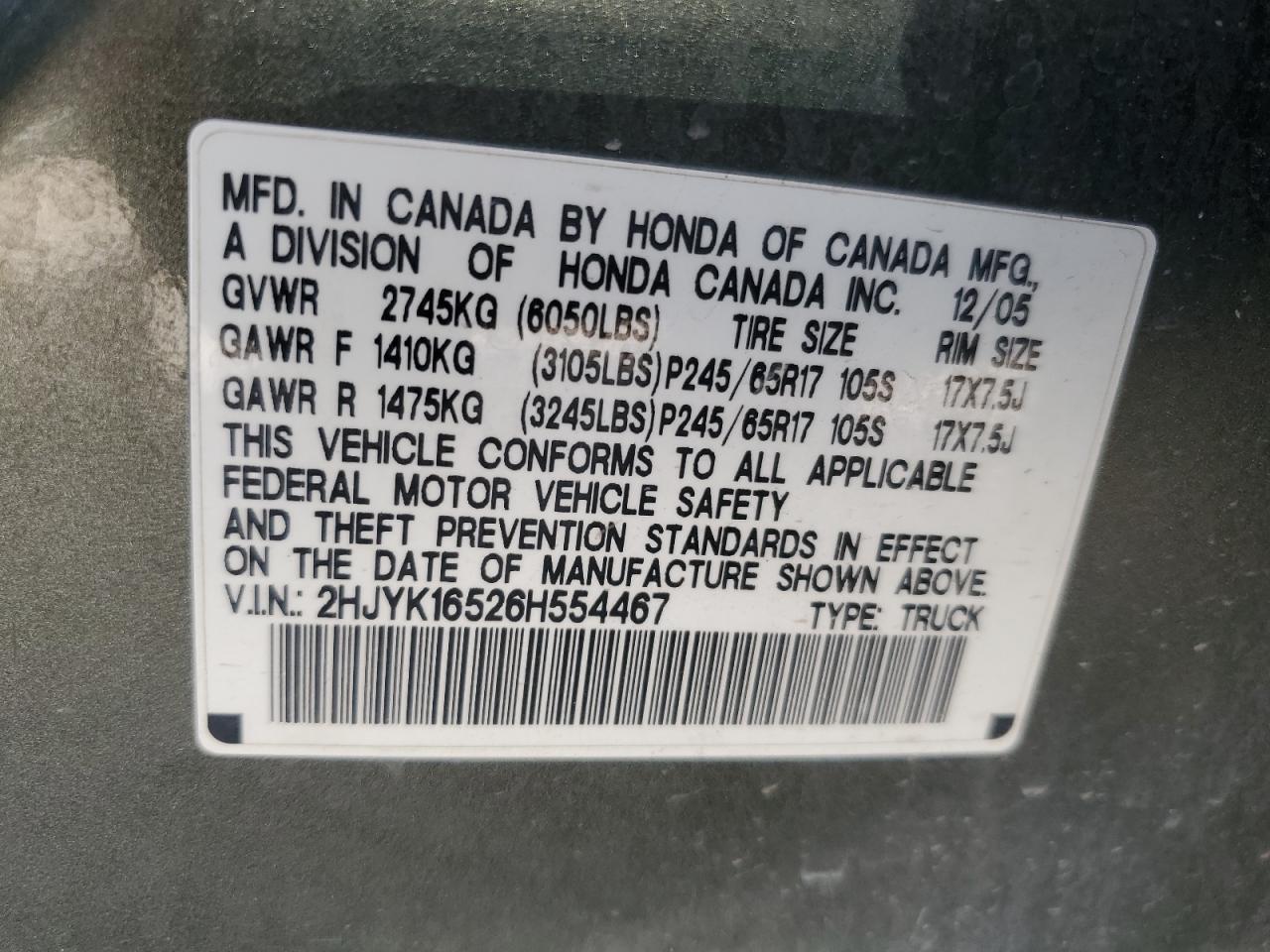2006 Honda Ridgeline Rtl VIN: 2HJYK16526H554467 Lot: 57258525