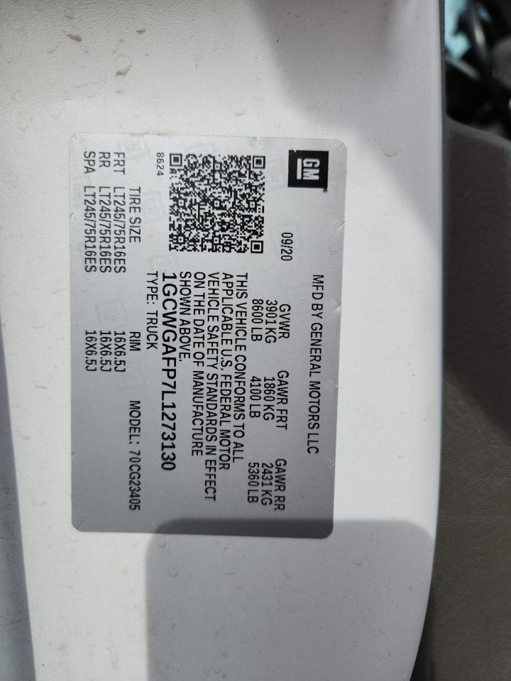 2020 Chevrolet Express G2500 VIN: 1GCWGAFP7L1273130 Lot: 60809335