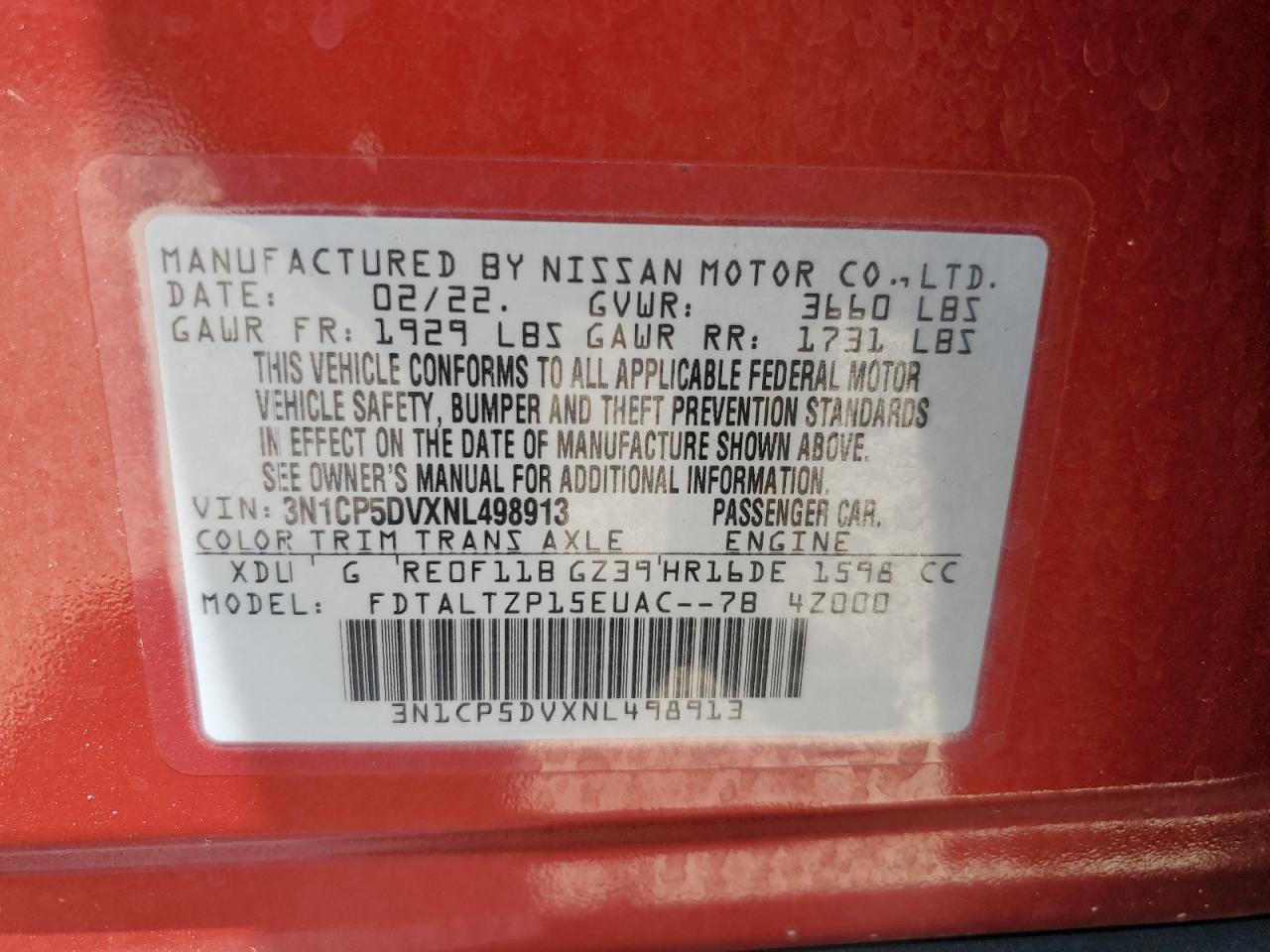 2022 Nissan Kicks Sr VIN: 3N1CP5DVXNL498913 Lot: 62063155
